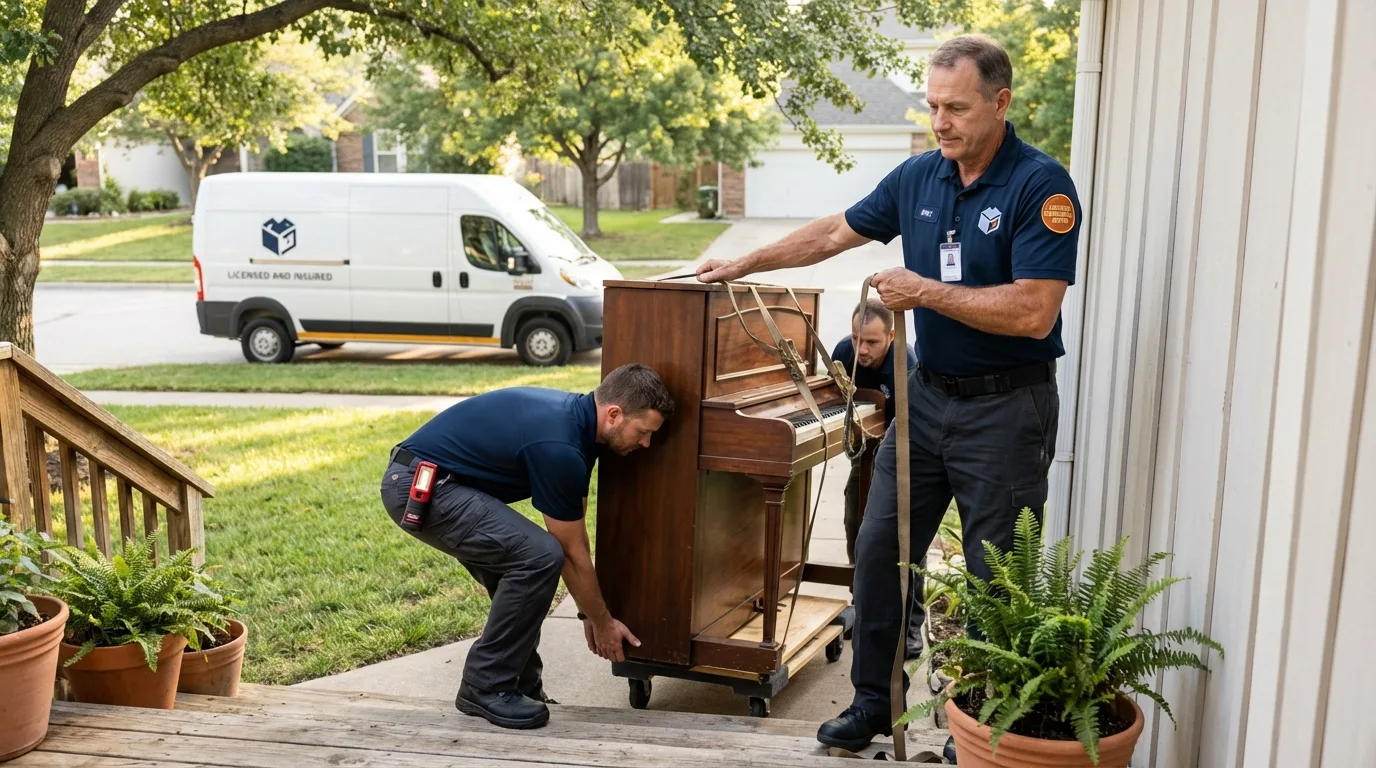 Licensed piano movers securing grand piano in Perth Amboy, NJ
