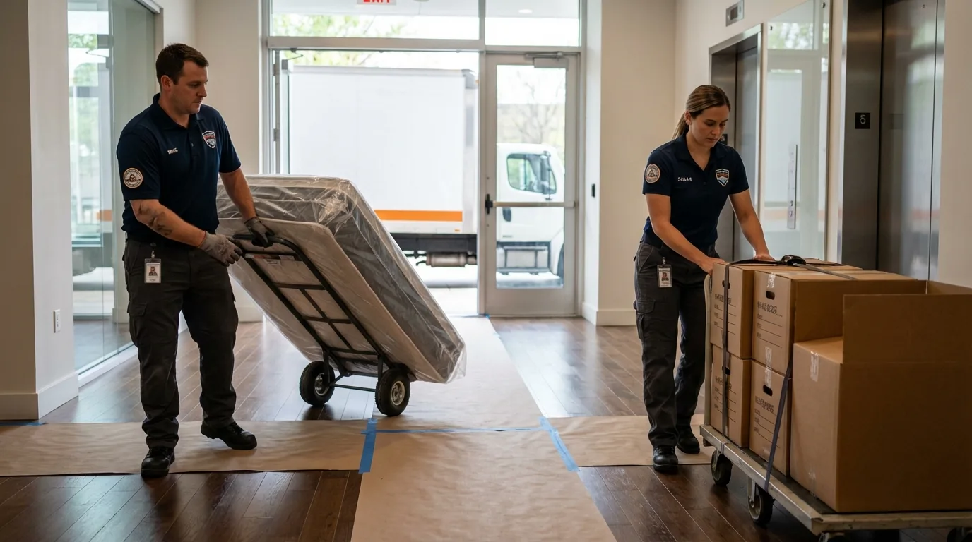 Professional apartment movers loading elevator in Perth Amboy, NJ