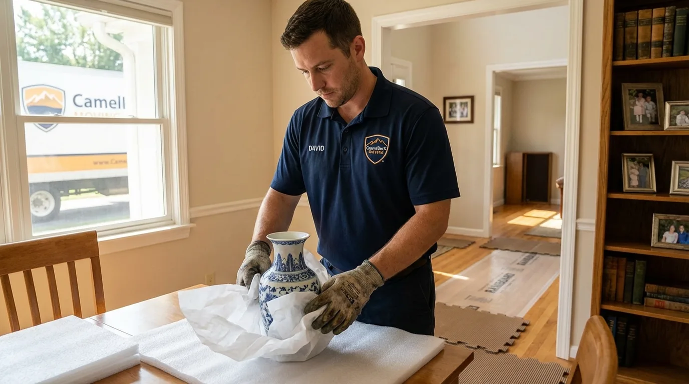 Professional crew carefully wrapping antique vase for senior downsizing move in Perth Amboy, NJ